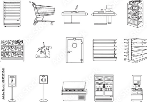 A meticulously curated line drawing of various store fixtures, a perfect resource for architecture, design, and retail projects.