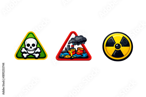 Hazard Warning Icon Set. Containing toxic, danger, alert, safety, caution, skull, pollution, chemicals, radiation and more.