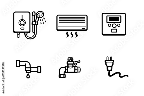 Home utilities icon set. Including shower, air conditioner, thermostat, faucet, valve, plug, and more.