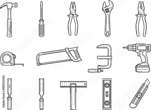 A collection of hand tools and carpentry tools presented in a simple, elegant style, perfect for use in carpentry, DIY, and construction projects. 