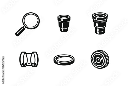 Magnifying glass and lens icon set. Containing viewer, focus, zoom, photo, optical, glass, camera, search, barrel, ring, and more.
