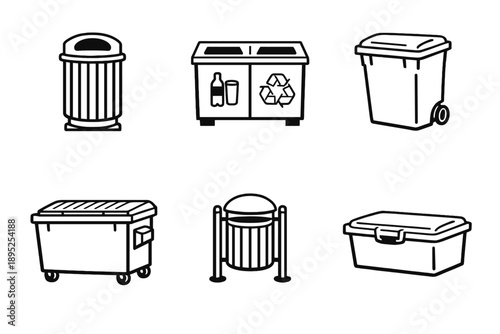 Waste Management Icon Set: bin, trash, recycling, garbage, container, refuse, waste, litter, disposal, compost