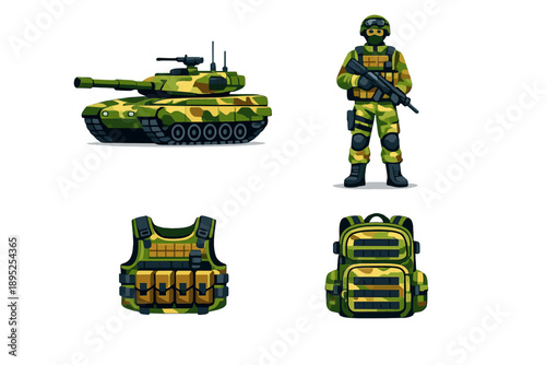 Military and defense icon set. Featuring tank, soldier, vest, backpack, weapon, camouflage, equipment, gear, safety.