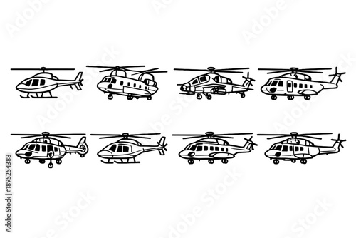 Helicopter icon set. Including rotorcraft, aviation, flight, transport, emergency, airlift, police, rescue, military, and more.