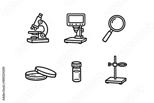 Science and laboratory icon set. Containing microscope, test tube, magnifier, scale, petri dish, beaker, and more.