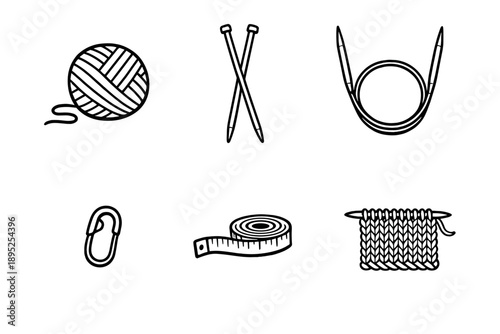 Craft and knitting icon set. Containing yarn, needles, tape, stitch, crochet, hook, measurement, and more.