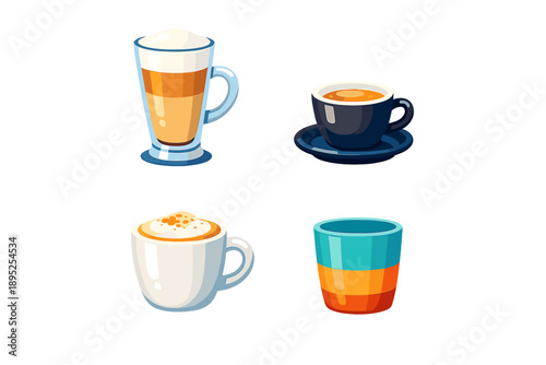 Beverage icon set. Containing coffee, drink, cup, tea, espresso, latte, mocha, froth, warm, mug, pot, creamer, syrup, sugar, flavor, hot, cold, serve,