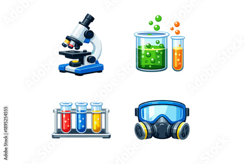 Science and laboratory icon set. Containing microscope, test tubes, beaker, goggles, chemical, laboratory, research, analysis, glassware, experiments.