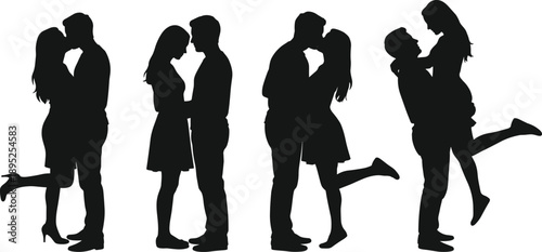 Romantic couple silhouettes set, standing and kissing poses, black and white love relationship people vector illustration