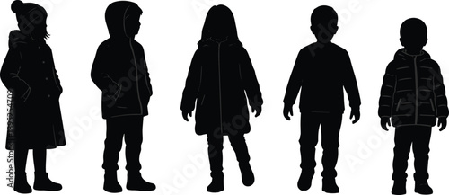 Silhouettes of children in winter clothing, kids standing together, cold season fashion concept, black vector illustration isolated