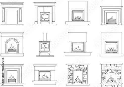 Collection of detailed fireplace outlines, showing the architecture and design of different styles, from classic to contemporary.