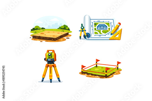 Surveying and Engineering Icons Set. Including measuring, blueprint, planning, design, precision, levels, equipment, and more.