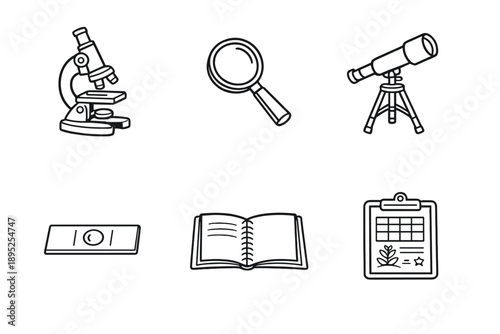 Science and research icon set. Containing microscope, telescope, magnifying glass, notebook, clipboard, and more.