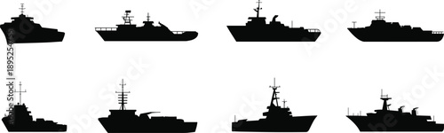 Collection of modern naval warship silhouettes showing military ships and navy vessels, destroyers and frigates isolated on white background sea ocean fleet concept