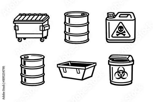 Waste management and hazardous materials icon set. Containing dumpster, barrel, container, toxicity, recycling, and more.