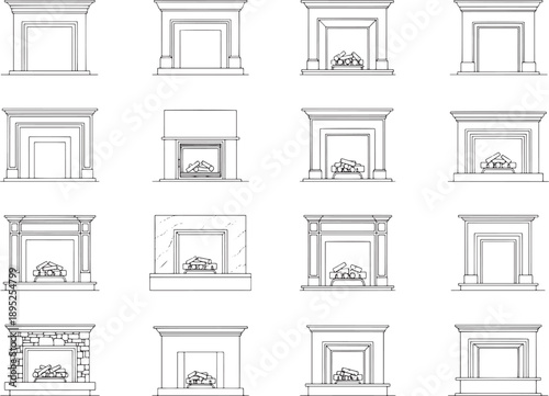 A set of various classic fireplace designs, rendered as elegant illustrations. perfect for interior design inspiration. 