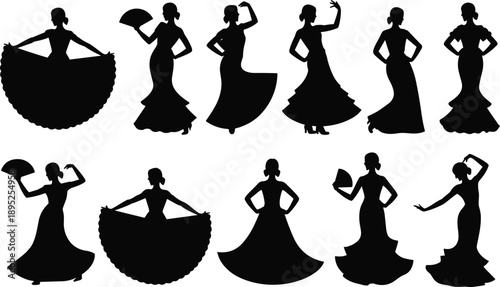 Flamenco dancer silhouettes set showing elegant Spanish women performing traditional dance poses with fans and flowing dresses, cultural folklore art, passionate movement isolated on white background
