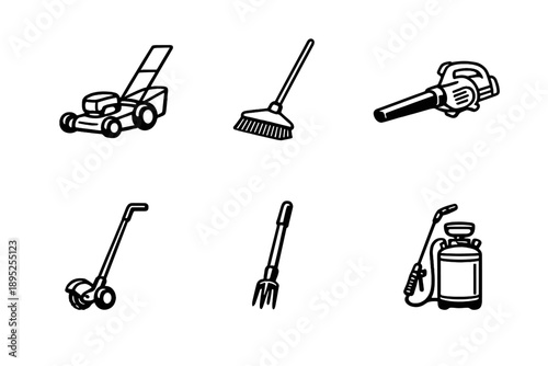 Gardening and Lawn Care Icon Set. Featuring tools, mower, rake, blower, pruner, sprayer and more.