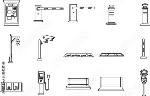 A collection of graphic resources featuring a variety of essential items commonly found in urban settings. These resources include a parking meter, security cameras, and bike racks.