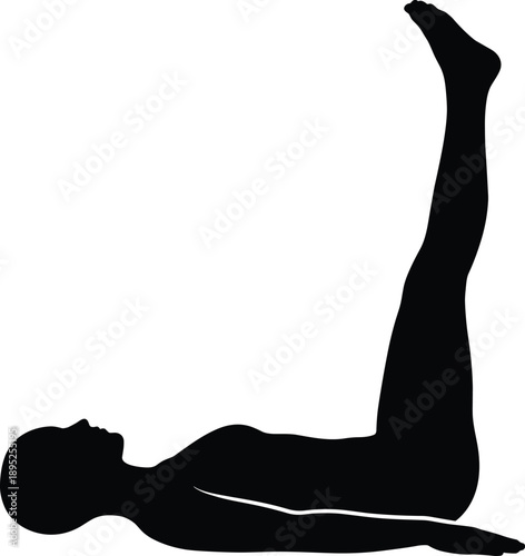 woman leg raise exercise silhouette, lying workout pose, fitness training illustration, core strengthening movement, black isolated sport figure, pilates