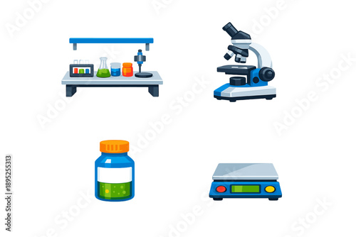 Laboratory and Science Icon Set: Featuring microscope, flask, test tube, scale, beaker, chemical, pipette, lab equipment