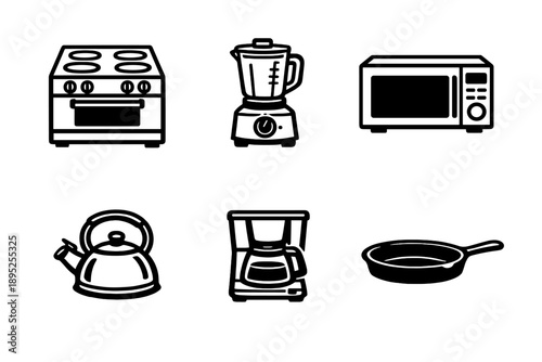 Kitchen appliance icon set. Featuring stove, blender, microwave, kettle, coffee maker, and frying pan.