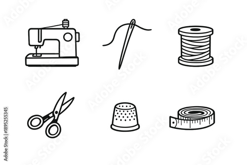 Sewing and Craft Icons Set: Including sewing machine, needle, thread, scissors, thimble, tape measure, and more.