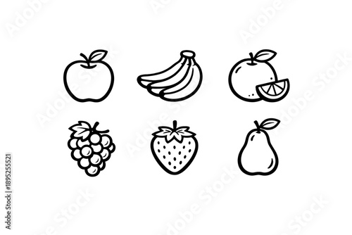 Fruits icon set. Containing apple, banana, orange, lemon, grape, strawberry, pear, and more.