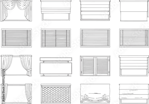 Various window treatment types, line art in black, showcase diverse window coverings in a clean, artistic manner, perfect for design and architectural illustration.