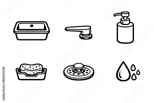 Cleaning and sanitation icon set. Containing sink, faucet, soap, sponge, drain, water, hygiene, and more.