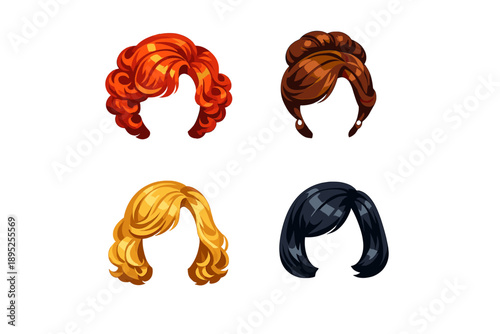 Hairstyle icon set. Featuring curls, bob, updo, waves, fringe, ponytail, layers, and more.