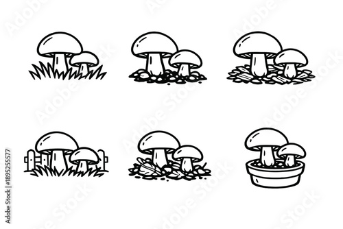 Nature and gardening icon set. Containing mushroom, plant, soil, fungi, growth, flora, garden, cultivation, ecosystem.
