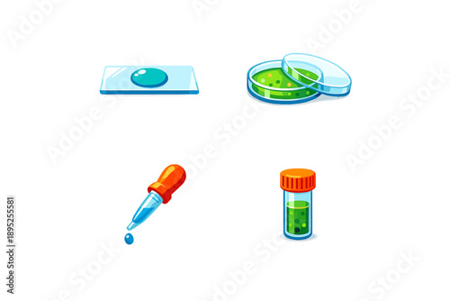 Science and laboratory icon set. Containing microscope, pipette, test tube, slide, beaker, flask, sample, reagent, experiment, lab