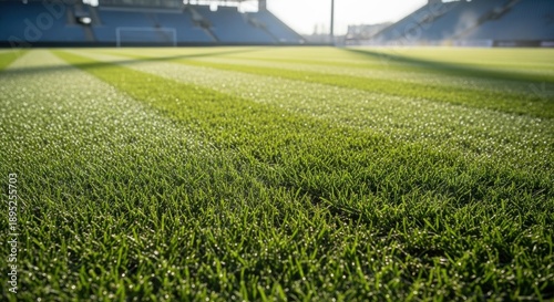 Soccer Field with Freshly Cut Grass in Bright Sunny Lighting on Sports Stadium for Sports Event