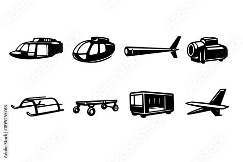 Aviation and Transport Icons Set: Helicopter, Drone, Aircraft, Glider, Sleigh, Skates, Engine, Cart, Jet, and More