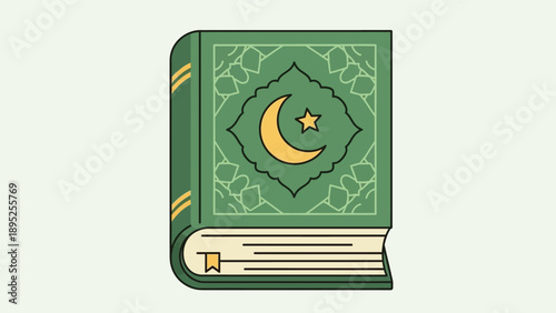 Green Quran Book with Crescent Moon Symbol.