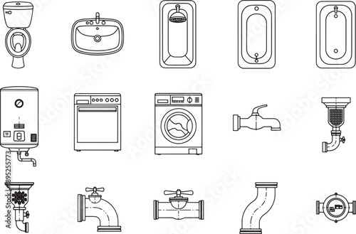 A comprehensive illustration of essential home and bathroom fixtures, meticulously depicted with detailed linework. This compilation showcases various elements used in homes.