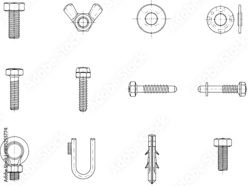 A detailed array of various fasteners and bolts showcasing their intricate designs in precise technical drawings, ready for construction or engineering.