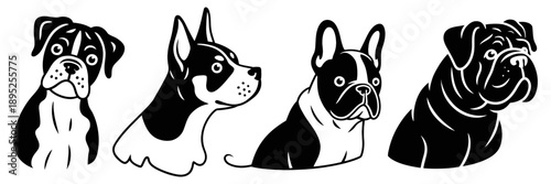 Collection of various popular dog breeds portrayed in a charming black and white vector art style