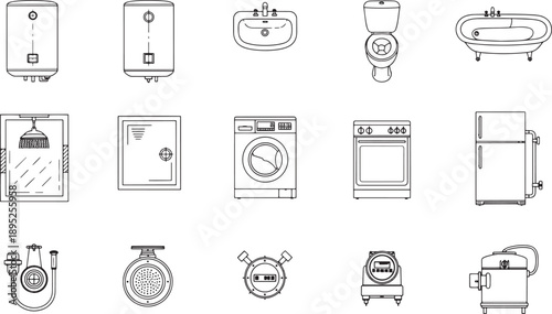 A minimalist illustration of various household appliances and bathroom fixtures, presented in a clean and organized manner. 
