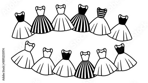 A charming collection of vintage-inspired party dresses in elegant black and white outlines