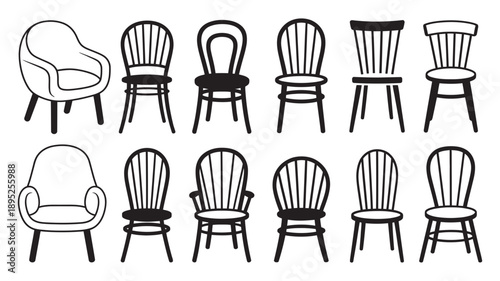 A diverse collection of classic and modern chair designs depicted in black and white silhouette vector art