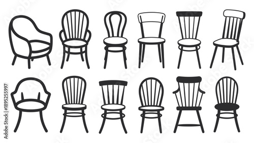 A diverse collection of vintage and modern chair silhouettes in various styles and designs