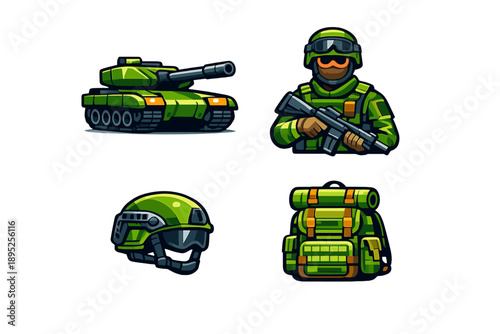 Military Icons Set: Tank, Soldier, Helmet, Backpack, Gear, Combat, Weapons, Equipment, Camouflage, Strategy, Defense, Troops, Operations, Logistics,
