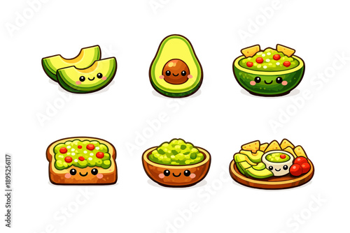 Food and fruit icon set. Containing avocado, guacamole, salad, toast, slice, green, healthy, bowl and more.