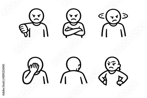 Emotional expressions icon set. Containing anger, sadness, frustration, disappointment, embarrassment, and more.