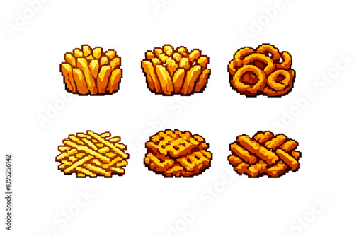 Food and Snacks Icon Set. Including fries, onion rings, potato chips, nachos, pretzels, and more.