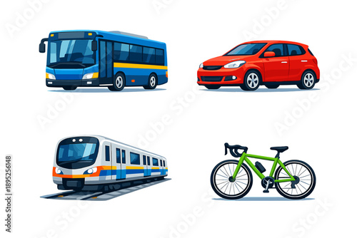 Transportation and Vehicle Icon Set. Featuring bus, car, train, bicycle, transport, auto, commute, travel, traffic, public, movement.
