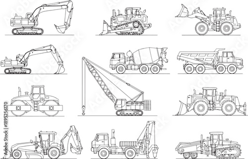 A detailed illustration of construction vehicles, highlighting their mechanical intricacies and functions.