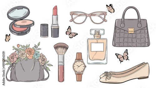 Stylish collection of fashion and beauty items including a handbag, shoes, perfume, makeup, and colorful butterflies.